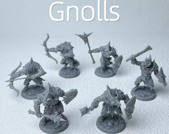 Miniaturas de monstruos gnolls chacales de DND: paquete de 6 figuras impresas en 3D para pintar, ideales para juegos de rol y guerra (base de 25 mm)