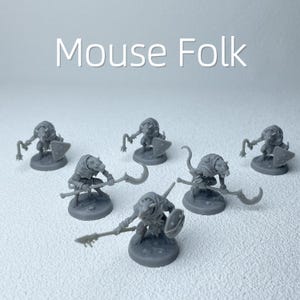 May include: Gray miniature figurines of Mouse Folk, each posed with weapons and shields. The text "Mouse Folk" is displayed in white. These fantasy miniatures are designed for tabletop gaming.