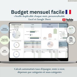 Peut inclure: Capture d'écran d'un ordinateur portable affichant un modèle de budget financier. Le texte indique "Budget mensuel facile" et comprend des graphiques et des tableaux pour le suivi des revenus, des dépenses et de l'épargne.