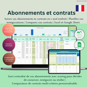 Può includere: Un laptop e un tablet mostrano un'interfaccia di foglio di calcolo con il testo "Abonnements et contrats". L'immagine include grafici e la bandiera francese. Il testo menziona anche Excel e Google Sheet.
