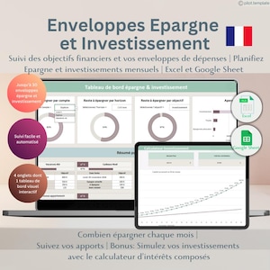 Peut inclure: Un ordinateur portable et une tablette affichant des feuilles de calcul de planification financière. L'écran affiche des graphiques pour le suivi de l'épargne et des investissements. L'image comprend le drapeau français et les icônes Excel et Google Sheets.
