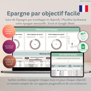 Peut inclure: Capture d'écran d'un ordinateur portable affichant un tableau de bord de planification financière. Il présente des graphiques et des tableaux pour le suivi des objectifs d'épargne. Icônes Excel et Google Sheets. Le drapeau français est en haut à droite.