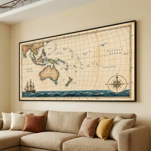 Vintage kaart van de Stille Oceaan op canvas, nautische wanddecoratie, kompasroosontwerp
