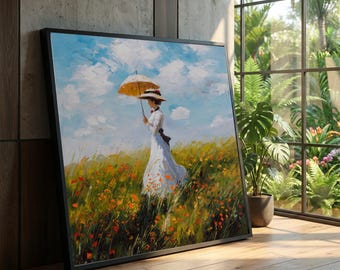 Impressionist Woman with Umbrella Flower Field Canvas Art, Vintage Style Floral Landscape Home Decoration