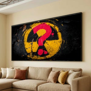 Radioaktives Warnsymbol mit rotem Fragezeichen, Industrielle Wandkunst, Urban Street Art Design, Bold Gelb und Schwarz Kreis Leinwand