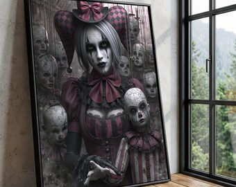 Gothic Harlequin Woman Marionette Dolls Dark Circus Canvas Wall Art Horror Decoration Spooky Portrait