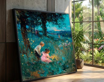 Children Catching Fireflies Canvas, Meadow Sunset Whimsical Art, Kids Outdoor Adventure Wall Decor