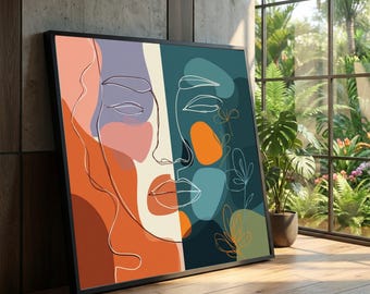 Abstract Face Canvas, Modern Line Art Wall Decor, Colorful Floral Accents