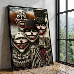 May include: A framed wall art print featuring four clowns with pale skin, wide red smiles, and yellow eyes. One clown wears a black bowler hat, another a steampunk-inspired top hat with gears, and one has orange hair. They wear striped suits and ruffled collars.