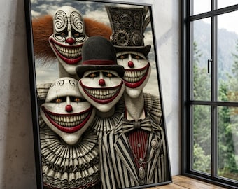 Creepy Circus Clowns Canvas Art, Vintage Horror Group, Dark Carnival Halloween Decoration