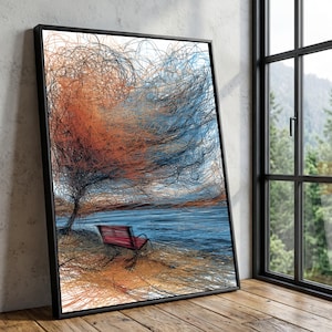 May include: Framed art print featuring a stylized landscape with a red bench near a body of water. The artwork uses a scribble-like technique with orange, blue, and brown hues, creating a textured effect. The black frame adds a modern touch.