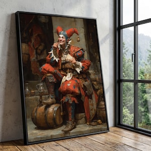 May include: Framed artwork showing a jester in a red and blue costume, seated on a wooden barrel. The jester is smiling and holding a piece of paper. The background features a stone wall and a window with a mountain view.