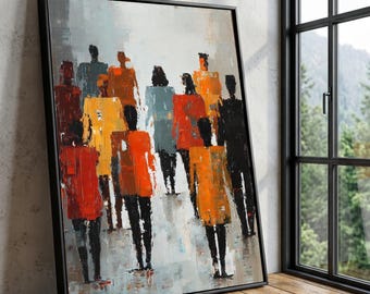 Abstract Figures Canvas, Contemporary City Life Painting, Colorful Urban Wall Art