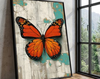 Vibrant Monarch Butterfly Canvas, Rustic Wood Texture Wall Art, Ready to Hang Home Decoration
