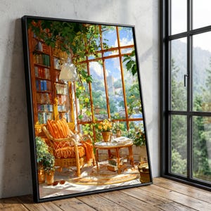 Puede incluir: Una impresión artística enmarcada representa una acogedora escena de solárium. Una silla de mimbre con cojines y una manta naranjas se encuentra cerca de una pequeña mesa con libros y flores. Una gran ventana ofrece una vista de un exuberante jardín y cielo azul.