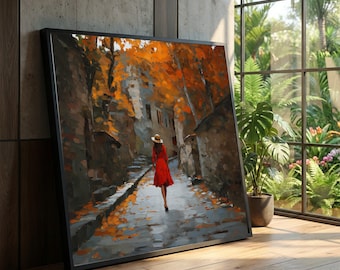 Autumn Walk Scene Canvas Art, Woman Red Dress, Fall Foliage Painting, Street View Decor