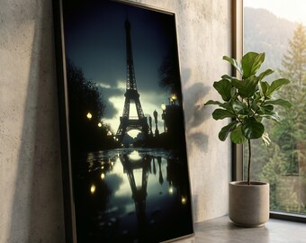Eiffel Tower Silhouette Canvas, Twilight Paris Cityscape, Reflective Water Art