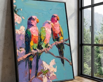 Colorful Parrots Branch Canvas, Vibrant Tropical Bird Art, Textured Animal Painting (Ready to Hang)
