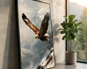 Majestic Bald Eagle Soaring Canvas, Snowy Mountain Wildlife Art, Outdoor Decor (Ready to Hang)