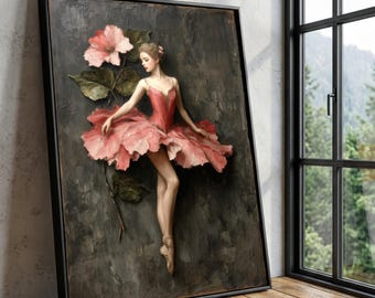 Ballerina Pink Dress Canvas Art, Floral Dance Portrait, Graceful Movement Painting (Ready to Hang)
