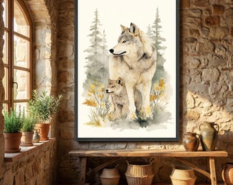 Majestic Wolf Family Canvas Wall Art, Woodland Animal Illustration, Forest Scene Home Decor