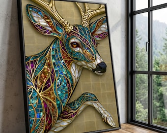 Stained Glass Deer Canvas, Colorful Animal Wall Art, Nature Wildlife Home Decoration