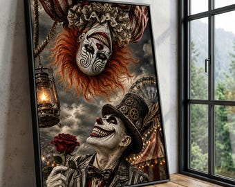 Creepy Circus Clown Canvas Art, Steampunk Portrait, Halloween Decoration