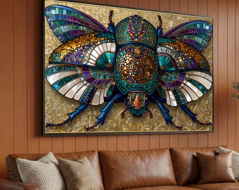 Ornate Stained Glass Beetle Canvas, Colorful Insect Wall Art, Gold Leaf Background Home Decor