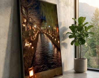 Japanese Canal Night Scene Canvas, Lantern Lit Water Reflection Wall Art