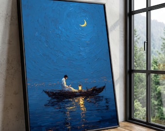 Nighttime Boat Reading Scene Canvas, Tranquil Moon Reflection Wall Art