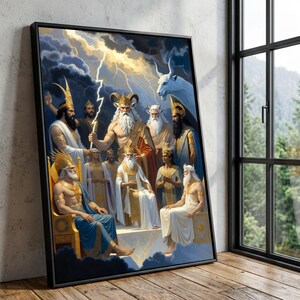 Puede incluir: Una obra de arte enmarcada que representa una reunión de figuras mitológicas, ambientada sobre un fondo de nubes tormentosas y relámpagos. Las figuras, adornadas con túnicas doradas y azules, se reúnen en un entorno celestial. La obra se exhibe cerca de una ventana.