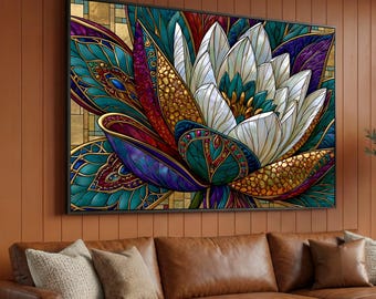 White Lotus Stained Glass Canvas Art, Vibrant Floral Wall Hanging, Colorful Nature Home Accent