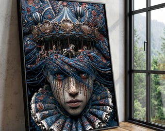 Surreal Carnival Face Canvas, Carousel Crown Artwork, Fantasy Portrait Wall Art, Blue Floral Decoration