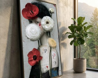Surreal Portrait Canvas, Red White Ranunculus Flowers, Abstract Floral Wall Art