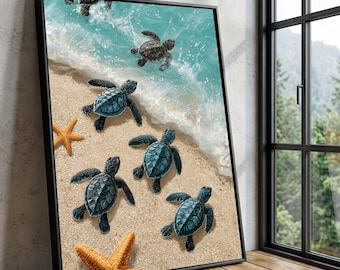 Baby Sea Turtles Beach Canvas, Coastal Wildlife Wall Art, Marine Nautical Print