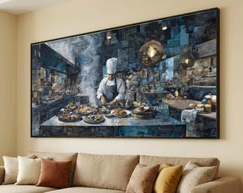 Chef Cooking Canvas, Gourmet Kitchen Wall Art, Culinary Scene Ready to Hang