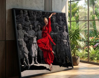 Flamenco Dancer Canvas, Red Dress Ballet Pose, Dramatic Dance Wall Art