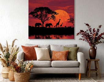 African Safari Sunset Canvas, Elephant Giraffe Wildlife Wall Art, Ready to Hang Home Decoration