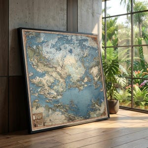 Op de afbeelding: Een gedetailleerde, ingelijste kaart met een vintage uitstraling. De kaart heeft een reliëfontwerp met tinten blauw, beige en bruin, dat land en zee weergeeft. De lijst is zwart met een dunne, lichtgekleurde rand. De kaart leunt tegen een houten muur.
