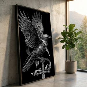 Blindfolded Crow on Sword Canvas, Black and White Bird Wall Art, Gothic Nature Illustration, Dark Fantasy Canvas Decoration, Ready to Hang