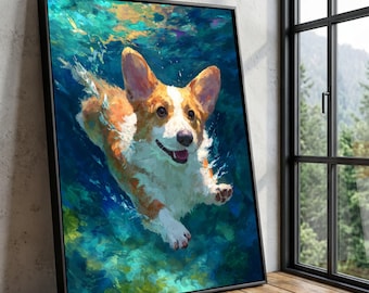 Joyful Corgi Swimming Canvas Art, Playful Dog Pet Portrait, Vibrant Home Decoration