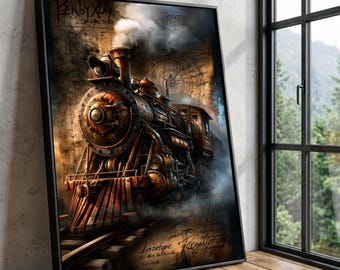 Vintage Steam Locomotive Canvas, Industrial Train Art, Antique Engine Illustration, Retro Transportation Wall Art