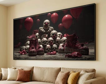 Creepy Clown Skulls Canvas Art, Horror Circus Halloween Decor, Gothic Wall Art