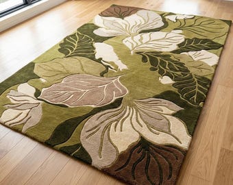 Alfombra botánica de lana, alfombras florales verdes hechas a mano para una decoración acogedora del hogar.