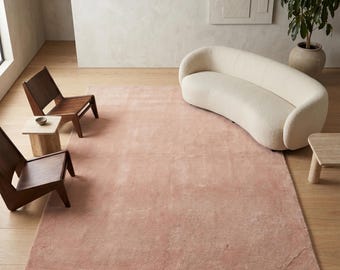 Alfombra infantil de lana rosa rubor, alfombra minimalista lisa tejida a mano para dormitorio.