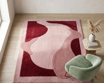Alfombra abstracta de lana tejida a mano, alfombras minimalistas Art Déco en rosa y burdeos.