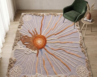 Alfombra de lana Sunburst, alfombra abstracta con textura 3D en color lavanda.