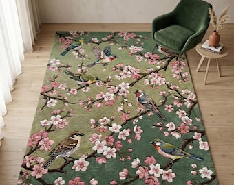 Alfombra de lana con mechones de pájaros verdes, alfombras coloridas con estampado floral de flores de cerezo para la sala de estar.