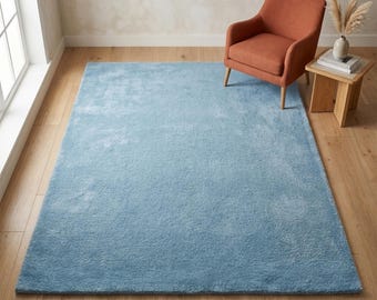 Sky Blue Color Wool Rug, Solid Hand Tufted Minimalist Bedroom Area Rug