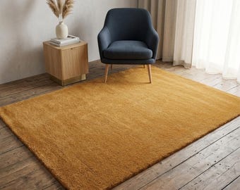 Hand Tufted Minimalist Rug, Solid Mustard Gold Custom Wool Area Rug